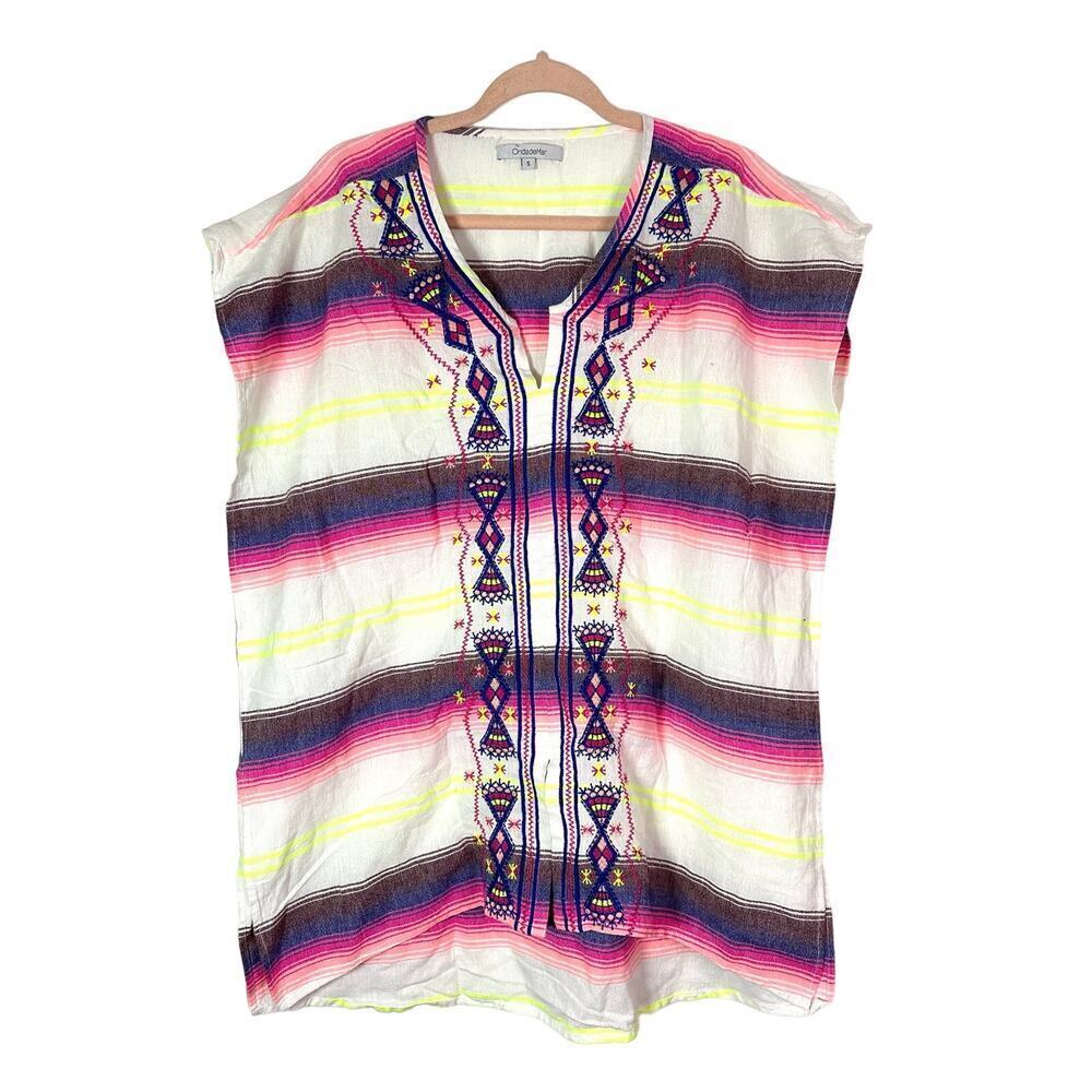 ONDADEMAR Embroidered Striped Tunic Cover-Up Top Loose Fit Swim Boho - Sz Small